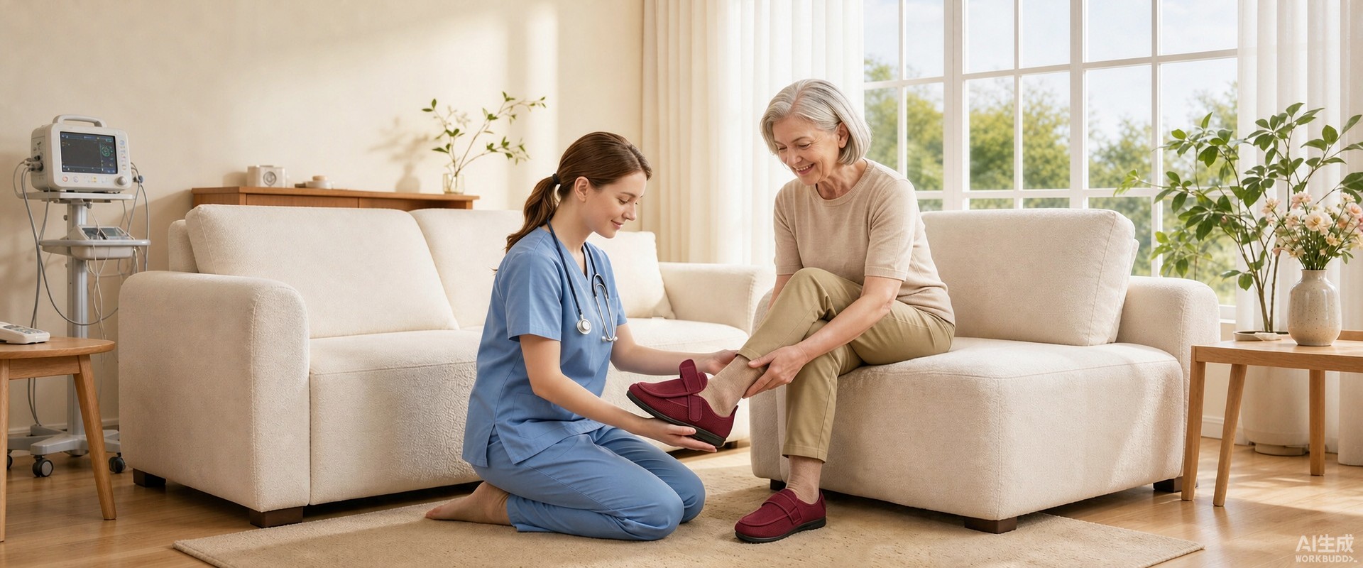 Professional foot care - caregiver helping senior with functional footwear