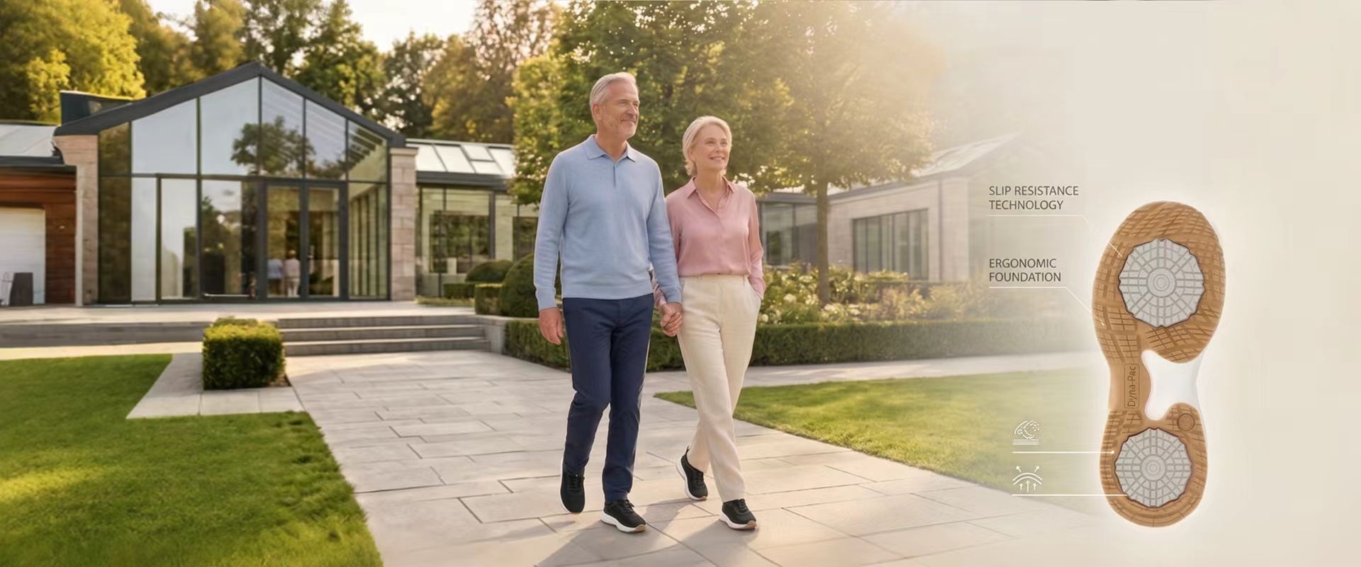 Happy senior couple walking safely in modern garden with comfortable functional footwear
